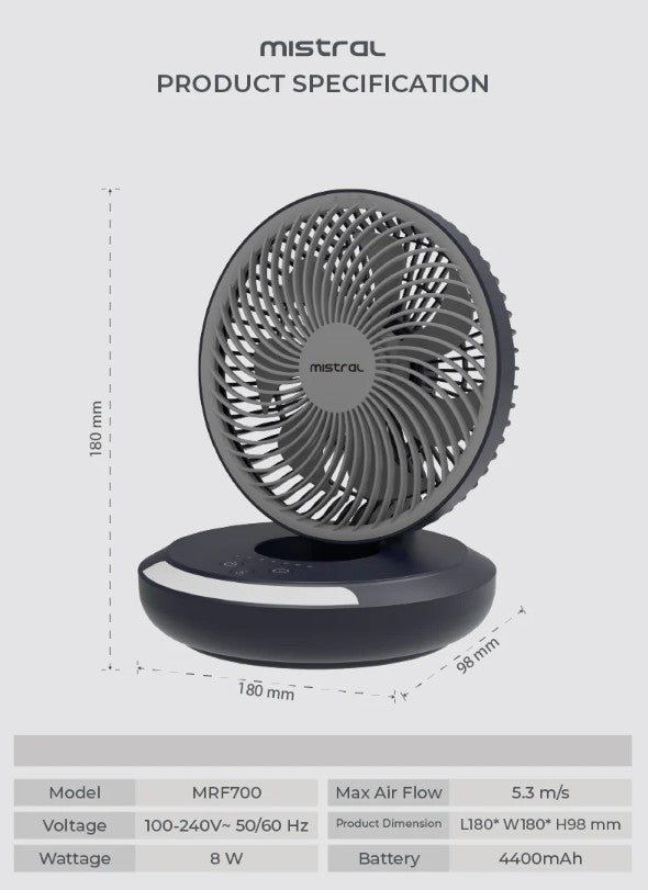 Mistral 6" Rechargeable Foldable Fan with Moodlight [MRF700]