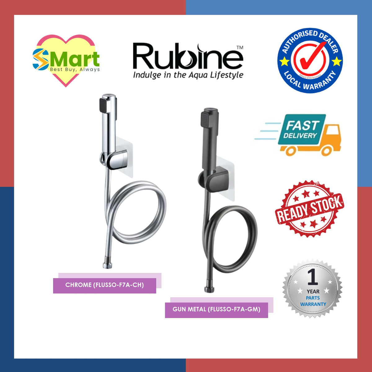 Rubine Dual Outlet Bidet Spray FLUSSO-F7A in Chrome/ Gun Metal