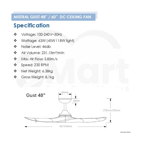 Mistral Gust 48"/ 60" DC Motor Ceiling Fan with Remote Control