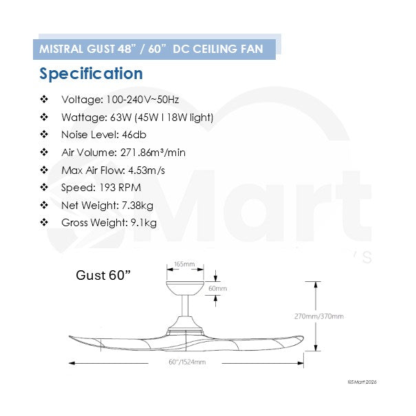 Mistral Gust 48"/ 60" DC Motor Ceiling Fan with Remote Control