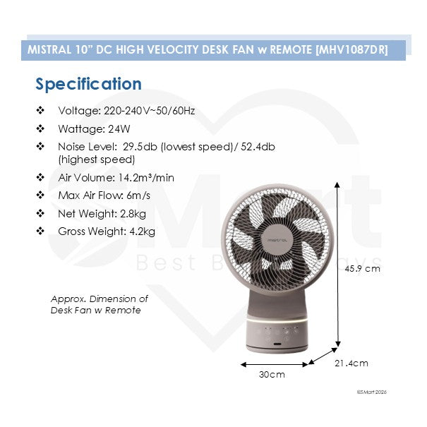 Mistral 10" DC High Velocity Desk Fan with Remote MHV1087DR