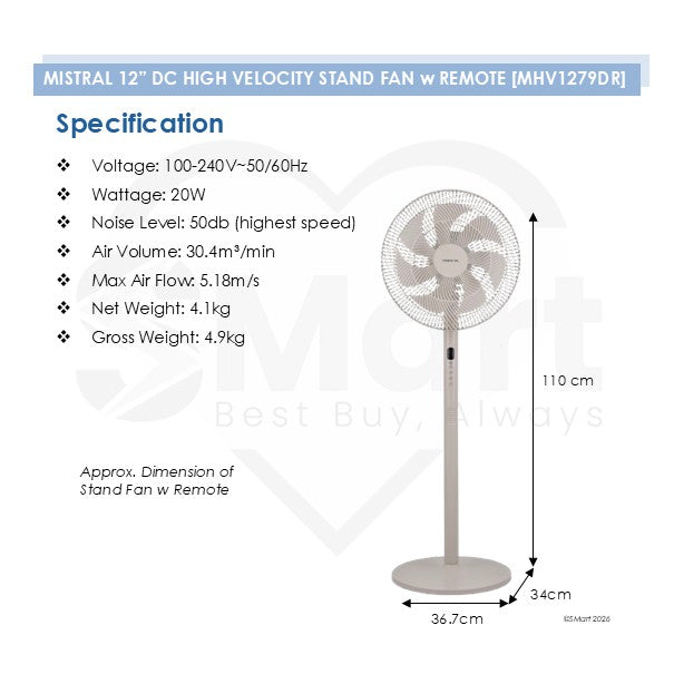 Mistral 12" DC High Velocity Stand Fan with Remote MHV1279DR