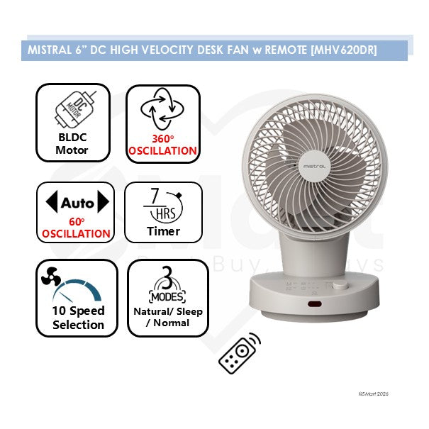 Mistral 6" DC High Velocity Desk Fan with Remote MHV620DR