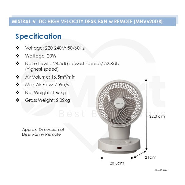 Mistral 6" DC High Velocity Desk Fan with Remote MHV620DR