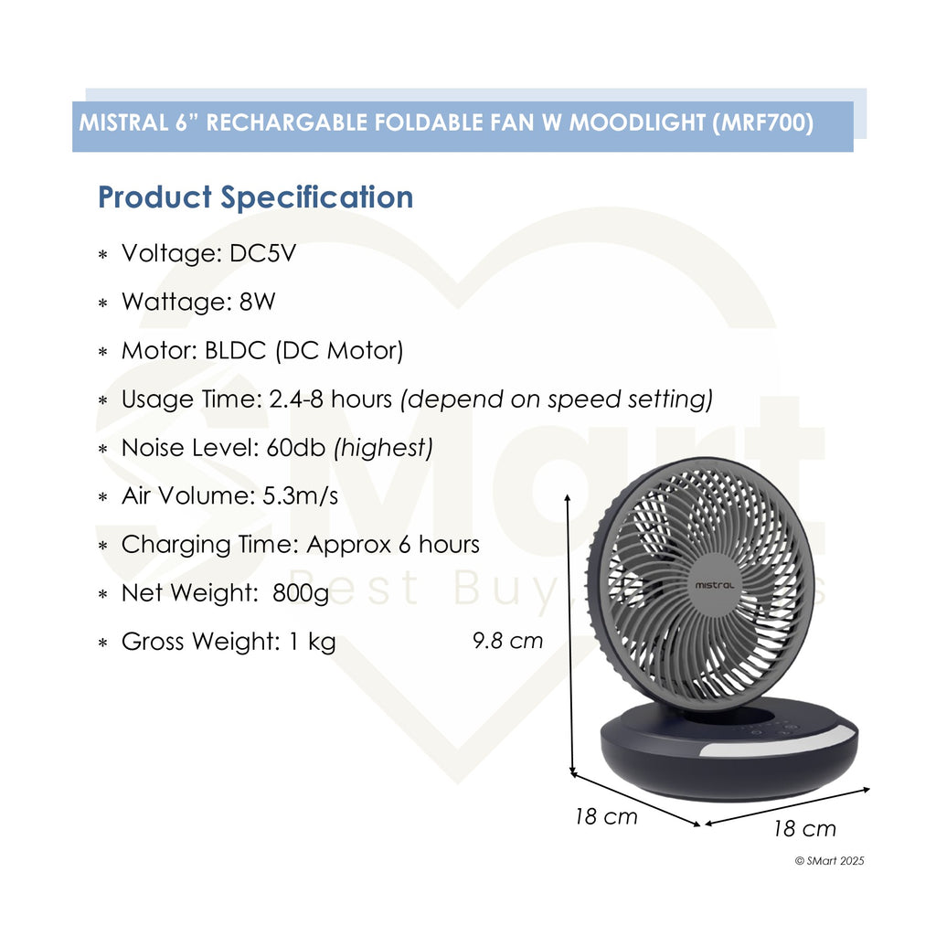 Mistral 6" Rechargeable Foldable Fan with Moodlight [MRF700]