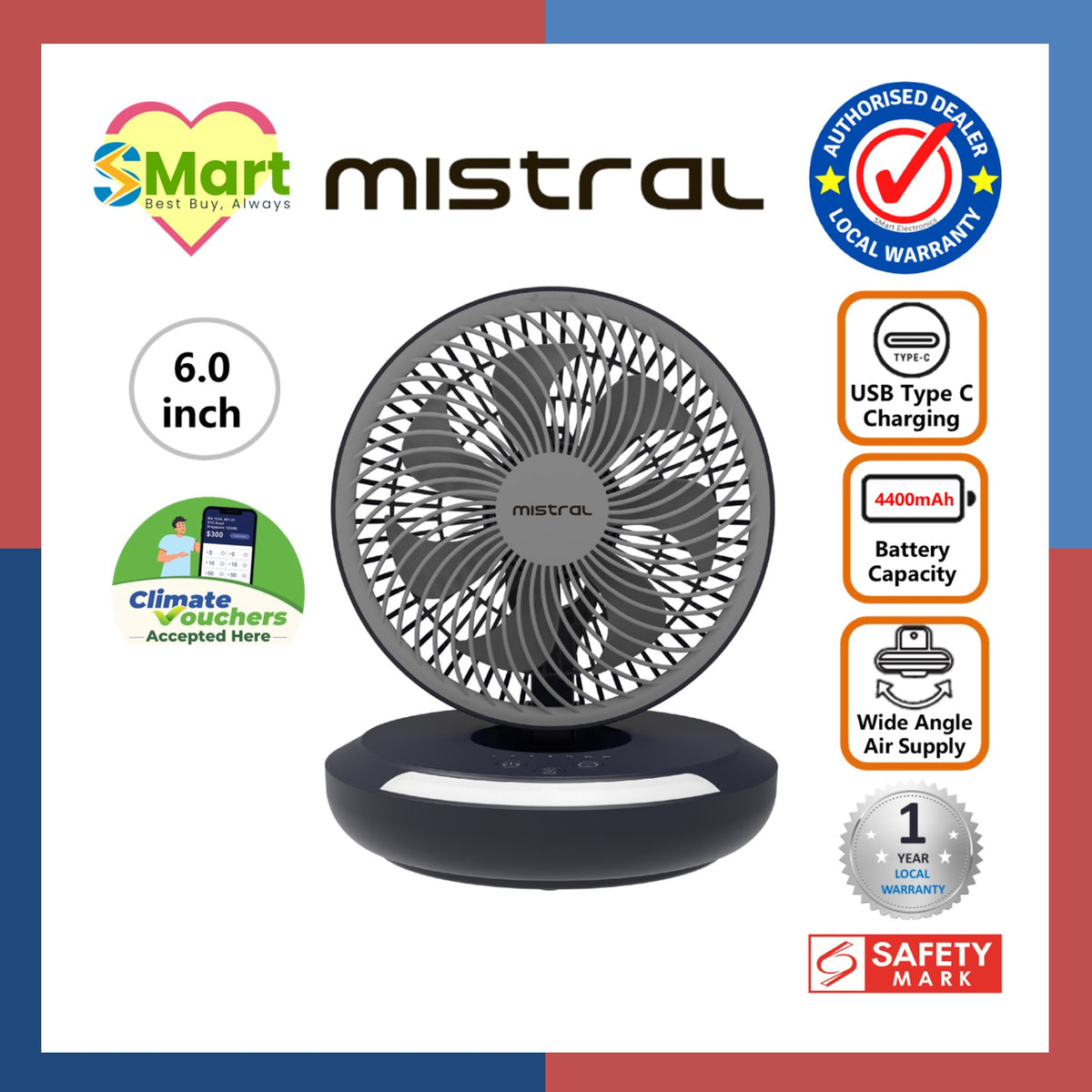 Mistral 6" Rechargeable Foldable Fan with Moodlight [MRF700]