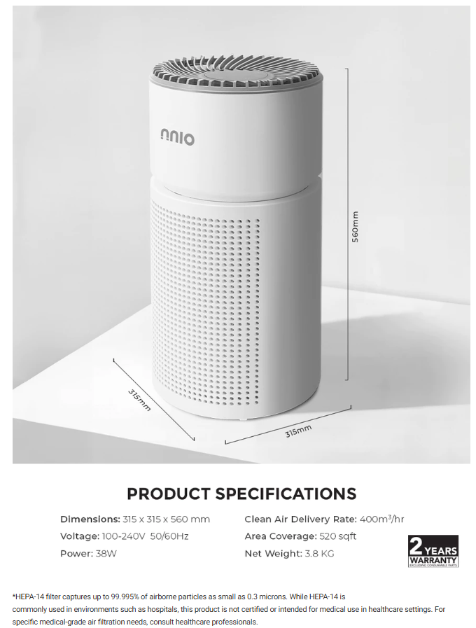 NNIO Air Purifier with HEPA-14 Medical Grade Filter NH14PRO