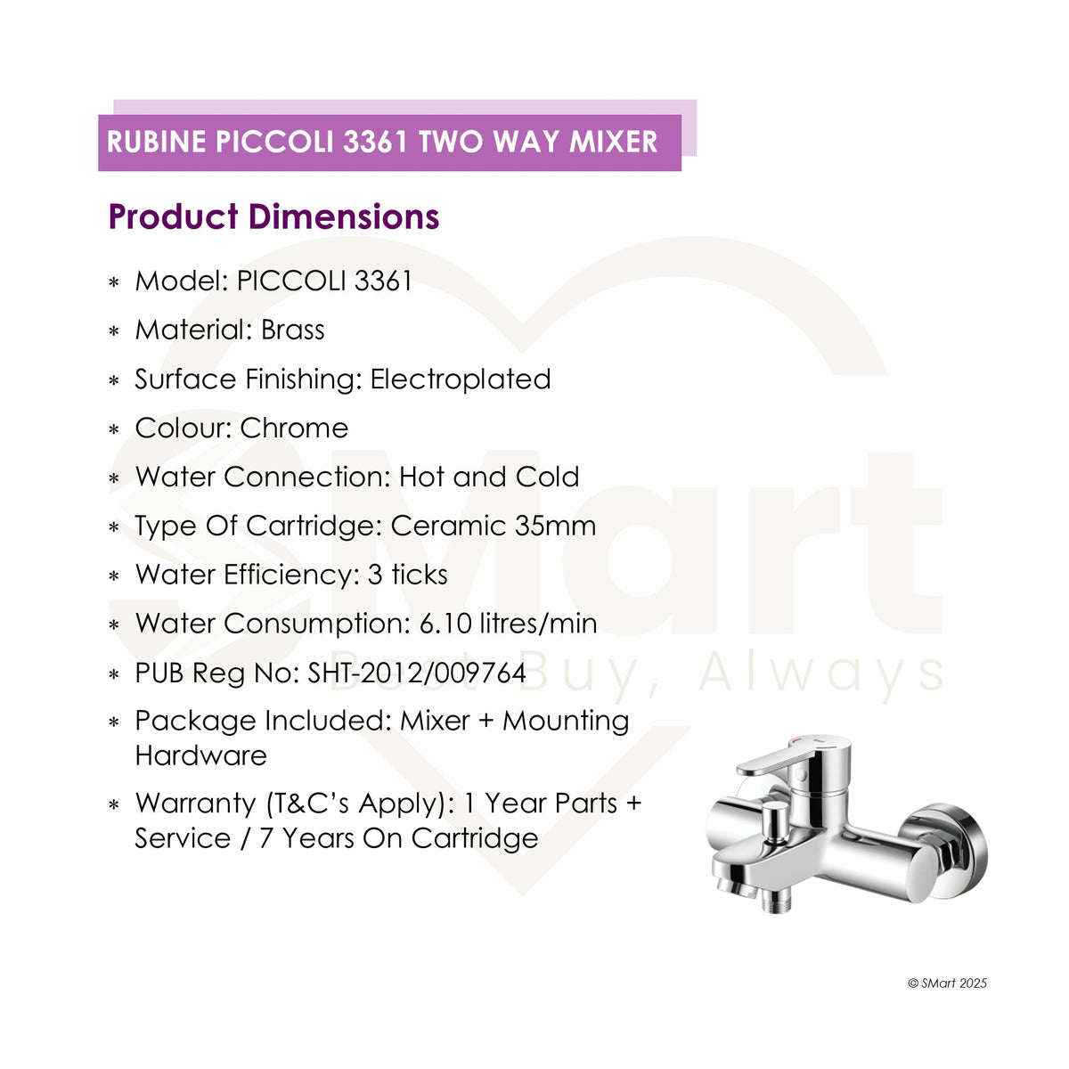 Rubine PICCOLI 3 TICK Bath Mixer | Electroplated Finish | PICCOLI 3361