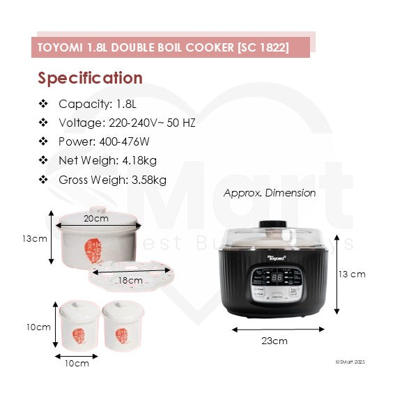 Toyomi 1.8L Double Boil Cooker SC 1822