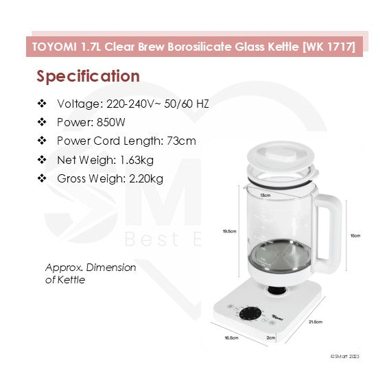 Toyomi 1.7L Clear Brew Borosilicate Glass Kettle [WK 1717]